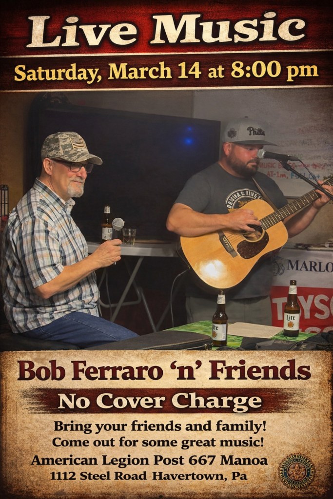 Live Music Saturday March 14 at 8:00 pm Bob Ferraro 'n' Friends