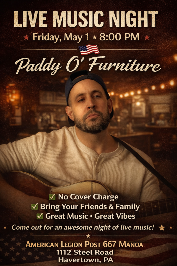 🎶 LIVE MUSIC • NO COVER 🎶 Join us Friday, May 1 at 8:00 PM for a great night of live music with Paddy O' Furniture!