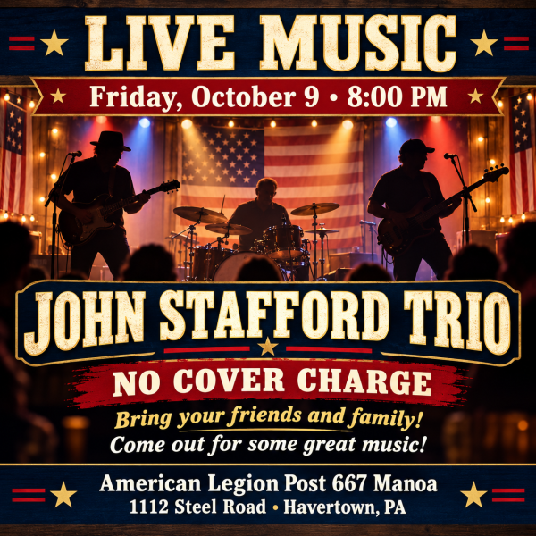 Live Music Friday October 9 at 8:00 pm John Stafford Trio